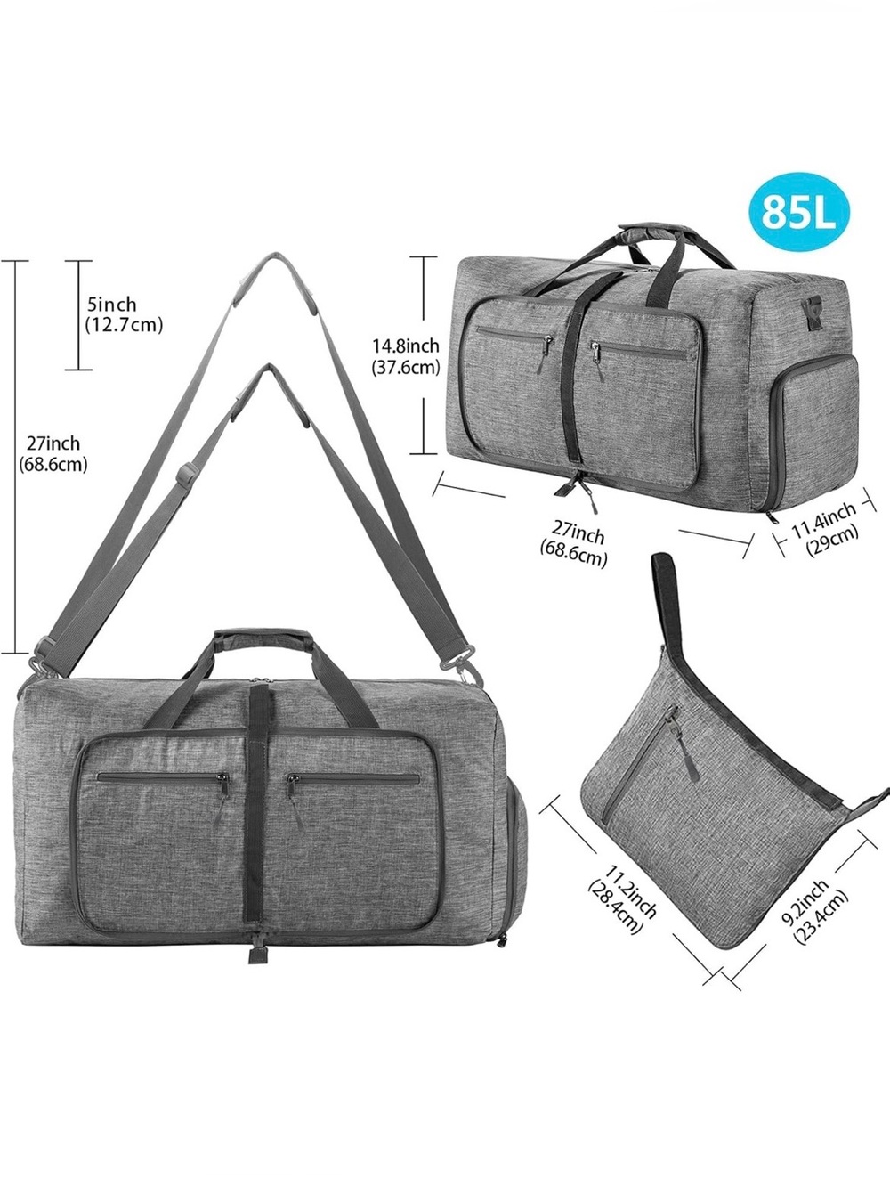 Gray 85L Travel Duffel Bag - Spacious Men’s Weekend Bag